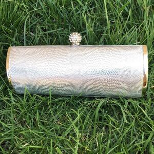 Small Clutch, rhinestone closure SILVER hardware long chain detachable snake pu.